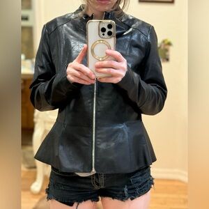 Genuine Black Leather Jacket by Karl Lagerfeld Sz S. Measurements in photos.